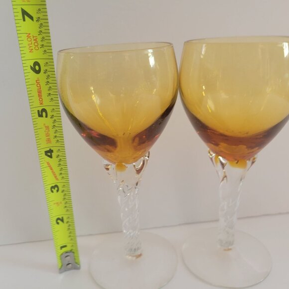 Set Of 2 Amber & Clear Twisted Stem Wine Glasses - Picture 3 of 5